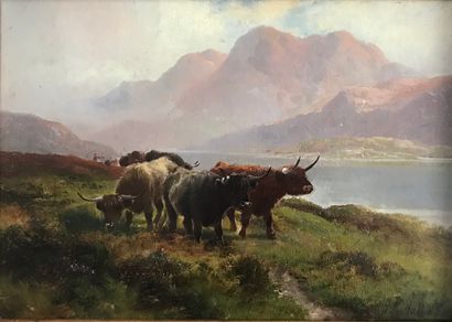 null H.R. HALL (act.c.1875-c.1902)

"Higland cattle changing Pasture" 

Lock Katrine...