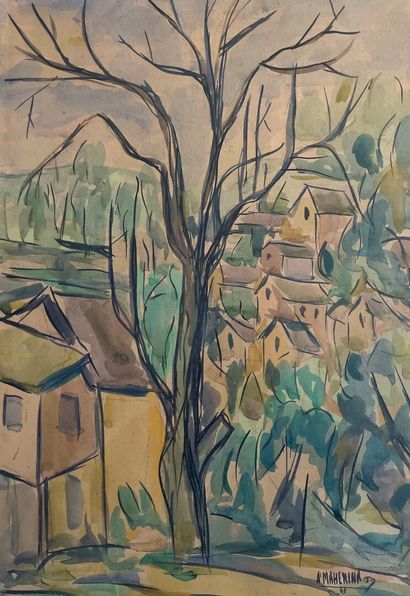 null School of the XXth century 

Cubist landscape 

Watercolor on paper 

Signed...