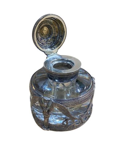 null Glass inkwell with silver plated metal frame (illegible hallmarks), decorated...