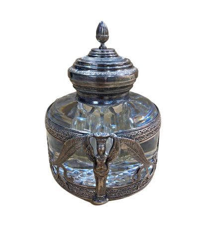 null Glass inkwell with silver plated metal frame (illegible hallmarks), decorated...