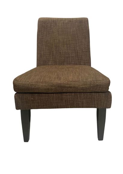 null Black lacquered wood and brown mottled fabric upholstery, removable seat cushion...