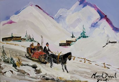 null Marcel DUVAL (1890-1985)
Ballade en Traîneau, Gstaad
Huile sur toile 
Signée...