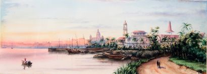 null Anna Maria QUEMARE (Cuban, 20th Century)
Sunrise over Havana 
Watercolor on...