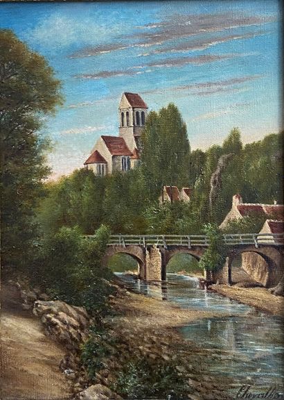 null CHEVALIER (XXth)
Landscape on the river bank 
Oil on canvas 
33.5 x 24 cm 
Gilded...