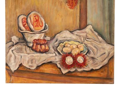 null CHEN Georgette (1907-1993)
Still life with rambutans and moon cakes
Oil on canvas...