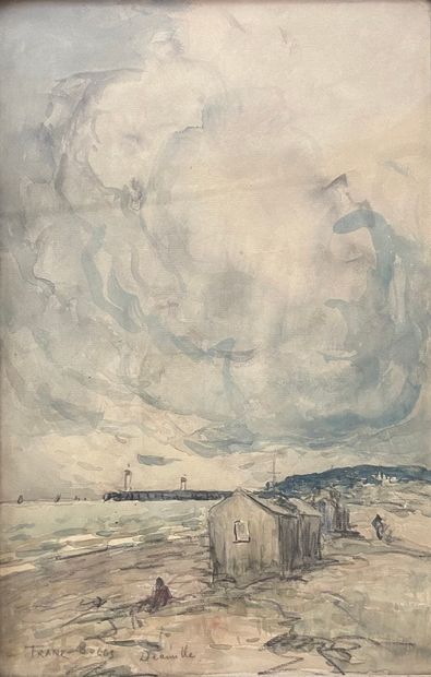 null FRANK-BOGGS (1855-1926)
The beach at Deauville 
Watercolor on paper 
Signed...