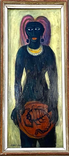 null Samir RAFI (1926-2004) 
Woman with scorpion 
Oil on cardboard
Signed lower left...
