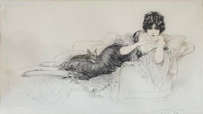 null Maurice MILLIERE (1871-1946)
Elégante sur un canapé 
Estampe en couleurs 
Signée...