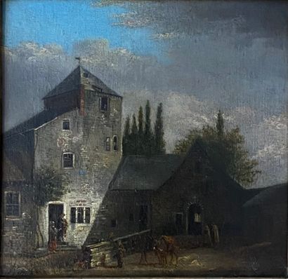 null School of the XIXth century 
The village 
Oil on panel 
Bearing a signature...