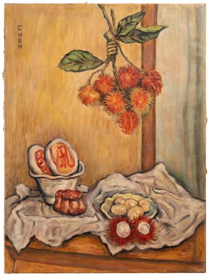 null CHEN Georgette (1907-1993)
Still life with rambutans and moon cakes
Oil on canvas...