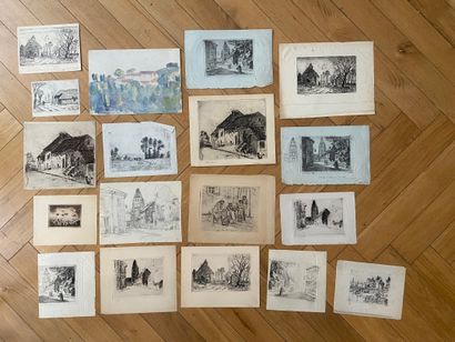 null Albert LEPREUX (1868-1959)
Set of 16 landscapes, drypoint in black on paper,...