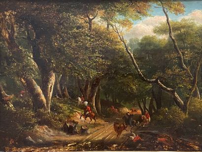 null School of the XIXth century 
Hunting scene at court 
Oil on canvas 
19 x 24.5...