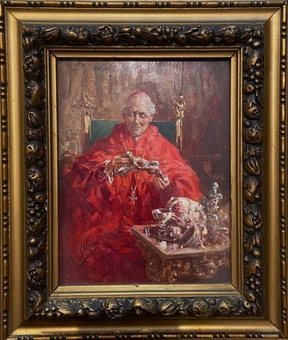 null Raffaele ZELONI (XIX-XX)
Portrait d'un cardinal romain 
Huile sur panneau 
Signée...