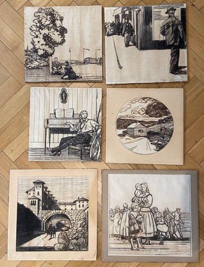 null Ecole du XXème 
Ensemble de six dessins au fusain sur papier, dont paysage;...