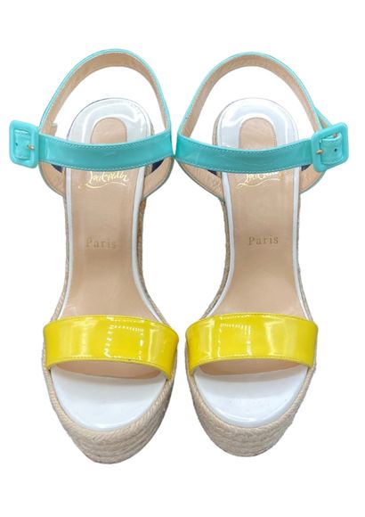 null LOUBOUTIN Paris 
Azure and yellow leather espadrilles
15 cm heel 
Size 38

Almost...