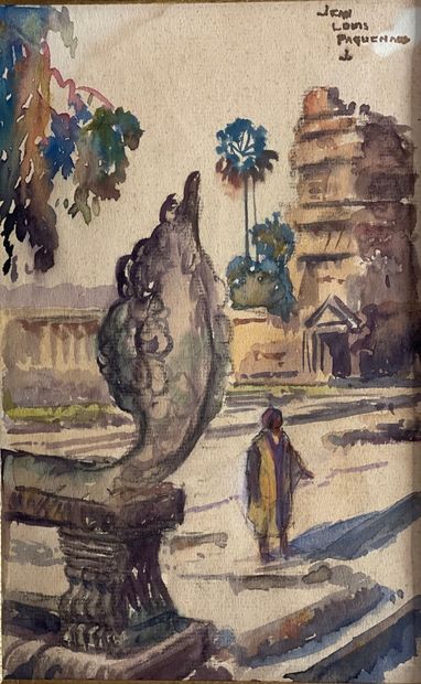  Jean-Louis PAGUENAUD (1876-1952)
Temple Birman
Aquarelle et encre sur papier 
Signée... Gazette Drouot
