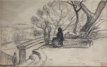 null Henri Edmond CROSS (1856-1910)
The terasse 
Charcoal on paper 
Signed with the...