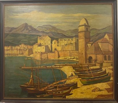 null Lykourgos KOGEVINAS (1887-1940)
View of the port of Collioure 
Oil on isorel...