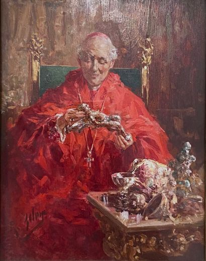 null Raffaele ZELONI (XIX-XX)
Portrait d'un cardinal romain 
Huile sur panneau 
Signée...