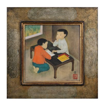 Mai Trung Thu, dit MAI-THU (1906-1980) Children reading, 1960
Ink and colors on silk...