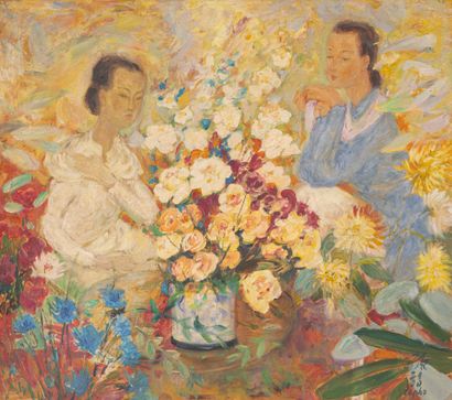 Le PHÔ (1907-2001) Jeunes filles au bouquet, c. 1960
Huile sur soie contrecollée...