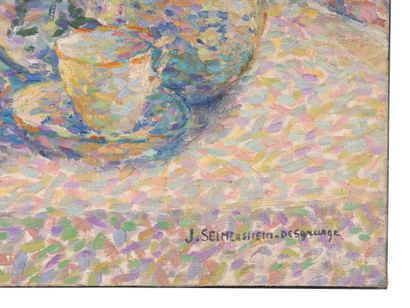 Jeanne SELMERSHEIM-DESGRANGES (1877-1958) Breakfast with a flower vase
Oil on canvas
Signed...