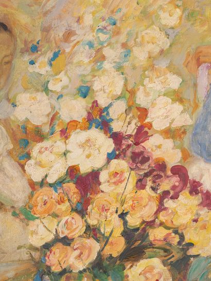Le PHÔ (1907-2001) Jeunes filles au bouquet, c. 1960
Huile sur soie contrecollée...