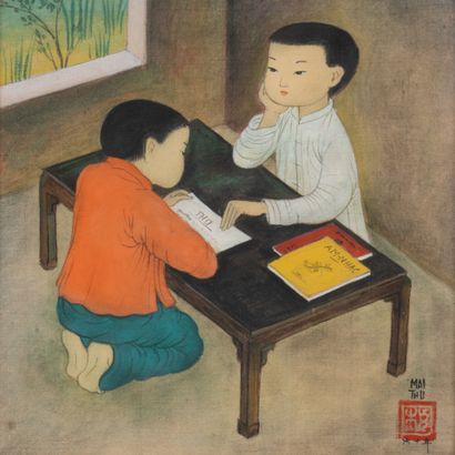 Mai Trung Thu, dit MAI-THU (1906-1980) Children reading, 1960
Ink and colors on silk...