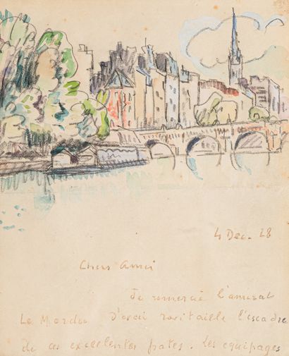 Paul SIGNAC (1863-1935) Autograph letter signed with watercolor drawing addressed... Gazette Drouot