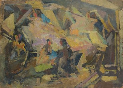 MACARIO VITALIS (1898-1990) 
Les villageois
Huile sur panneau
19 x 27 cm - 7 x 11...