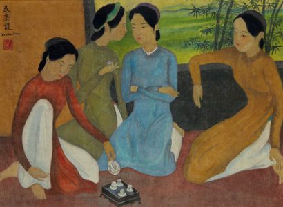 Cao Dam Vu (1908-2000) Jeunes femmes prenant le thé
Gouache et encre sur soie, signée...