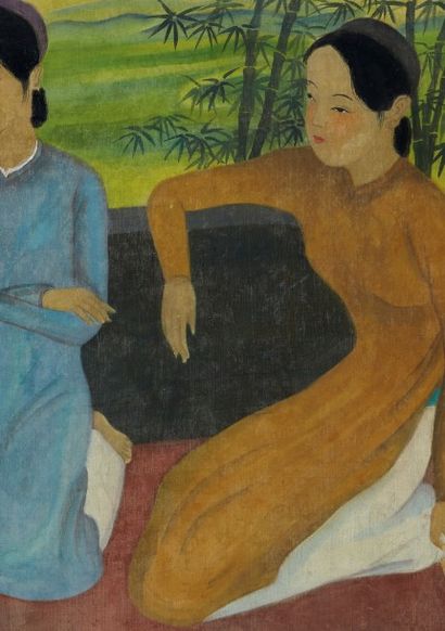 Cao Dam Vu (1908-2000) Jeunes femmes prenant le thé
Gouache et encre sur soie, signée...