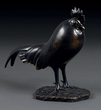 François POMPON (1855-1933) Coq dormant
Bronze à patine noire, 1948
Signé «Pompon»...