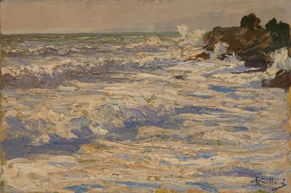 null Giorgio BELLONI (1861-1944) 

Mauvais temps, bord de mer

Huile sur panneau,...