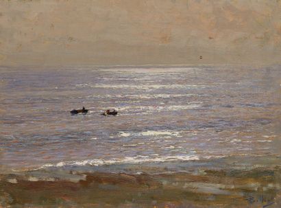 null Giorgio BELLONI (1861-1944) 

Deux barques près d'une plage

Huile sur panneau,...