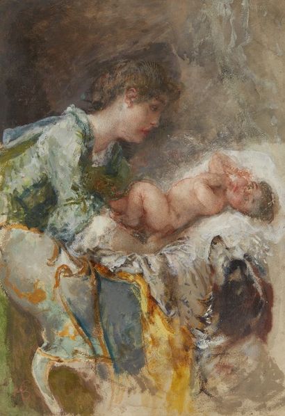 Mosè Bianchi (1840-1904) Mère et son enfant avec un chien
Huile, gouache et aquarelle...