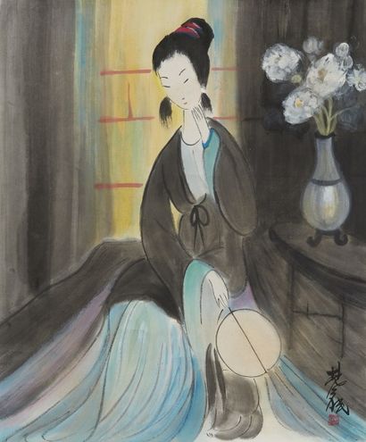  Lin FENGMIAN (1900-1991) Jeune femme Encre et couleur, signée en bas à droite 57...