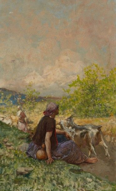 Mosè Bianchi (1840-1904) Bergère assise au bord d'un chemin
Huile sur panneau, signée...