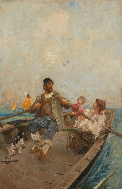 Mosè Bianchi (1840-1904) Promenade en barque sur le lagon
Huile sur panneau, signée...