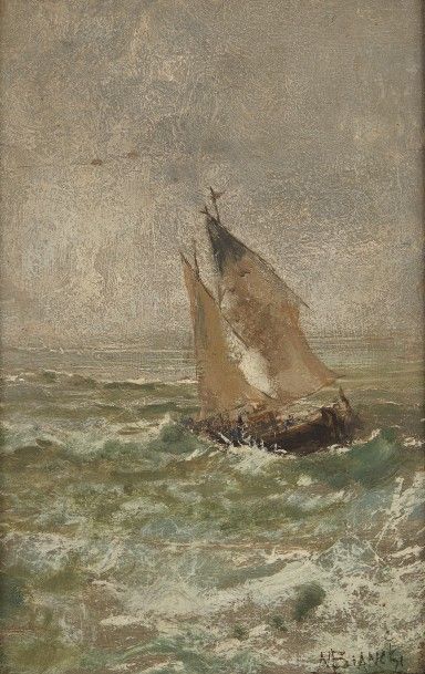 Mosè Bianchi (1840-1904) Bateau en mer par mauvais temps
Huile sur panneau, signée...