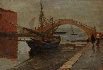 Mosè Bianchi (1840-1904) Bateau sur le canal
Huile sur panneau, signée en bas à droite
29,3...