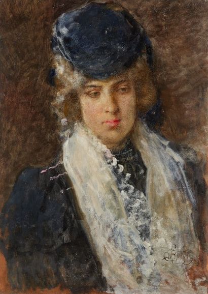 Mosè Bianchi (1840-1904) Jeune femme au foulard blanc
Huile sur carton, signée en...