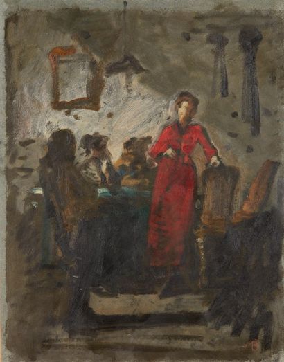 Mosè Bianchi (1840-1904) Femme en rouge
Huile sur papier, monogrammée en bas à droite
46...