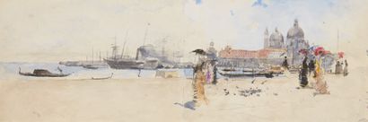 Mosè Bianchi (1840-1904) Personnages sur les quais
Aquarelle sur papier
18,5 x 55...