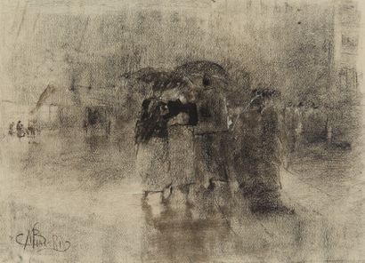 Mosè Bianchi (1840-1904) Personnages sous la pluie
Fusain sur papier, signé en bas...