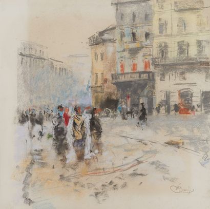 Mosè BIANCHI (1840-1904) 
Scène de rue 
Pastel...