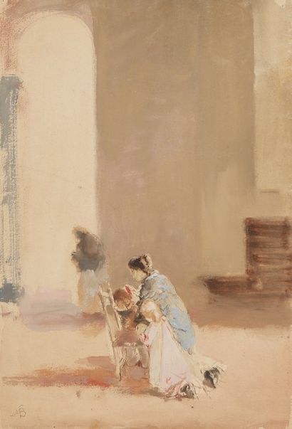 null Mosè BIANCHI (1840-1904) 

Mère et enfant priant

Aquarelle et gouache sur papier,...