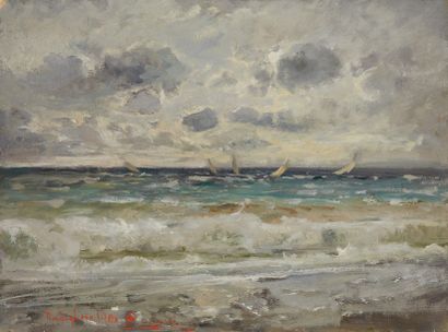 null Pompéo MARIANI (1857-1927) *
Voiliers en bord de mer, 1905-1908
Huile sur carton,...