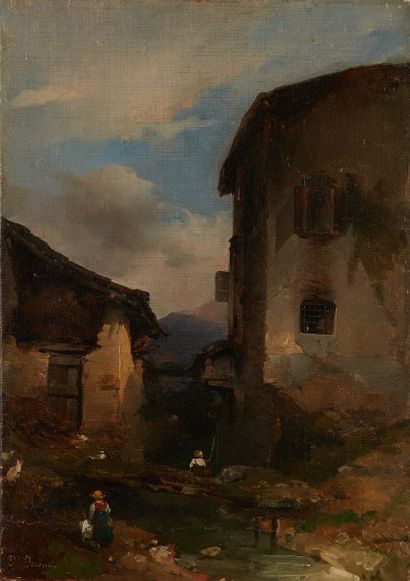 null Domenico INDUNO (1827-1890) 

Paysans à l'entrée du village

Huile sur toile,...