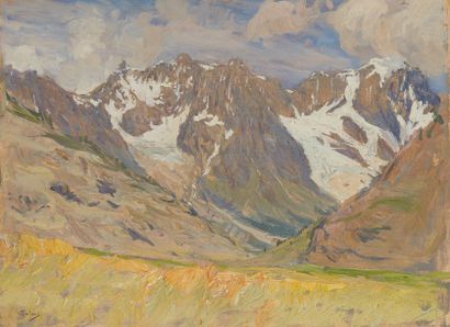 null Giorgio BELLONI (1861-1944) 

Fleurs jaunes en montagne

Huile sur panneau,...